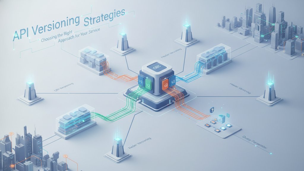Illustration of interconnected API version pathways branching from a central hub, representing different versioning strategies and approaches for services.