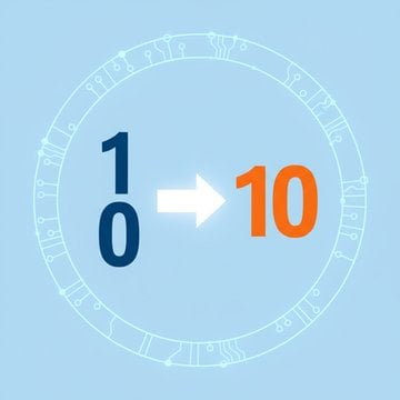 Modern illustration showing binary code converting to decimal numbers with glowing digital elements and interconnected nodes representing data transformation.