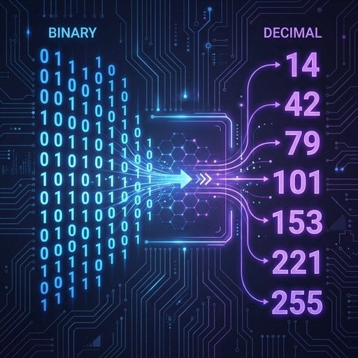 Diagramma di conversione binario-decimale con codice luminoso su sfondo scuro