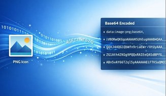 Ilustrasi ikon PNG dikonversi menjadi teks terenkode Base64 untuk optimasi web