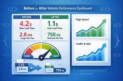 CSS optimizasyonu öncesi ve sonrası web sitesi performans gösterge paneli: daha hızlı yüklenme, küçük dosya boyutu ve iyileştirilmiş grafikler