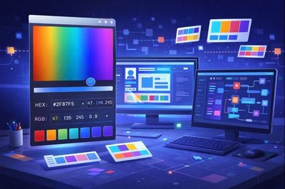 Renk seçici araçları ve web geliştirme iş akışı görseli