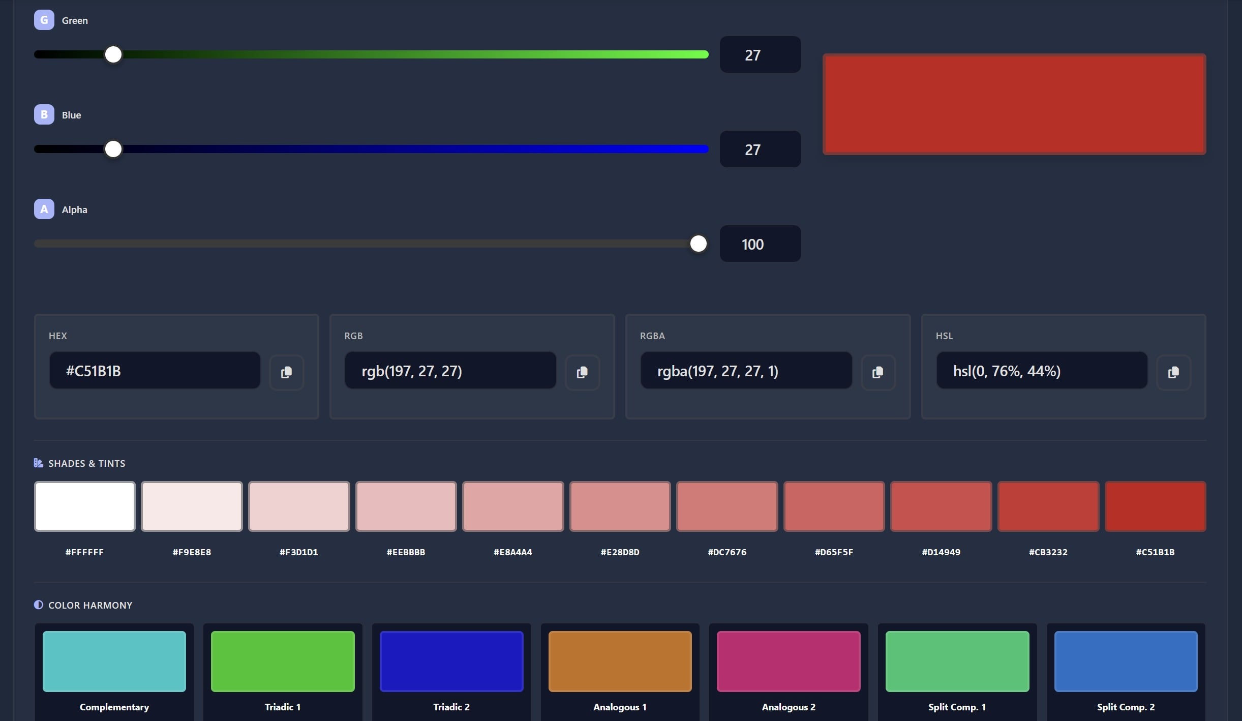 Color Explorer showing different color harmony schemes and palettes