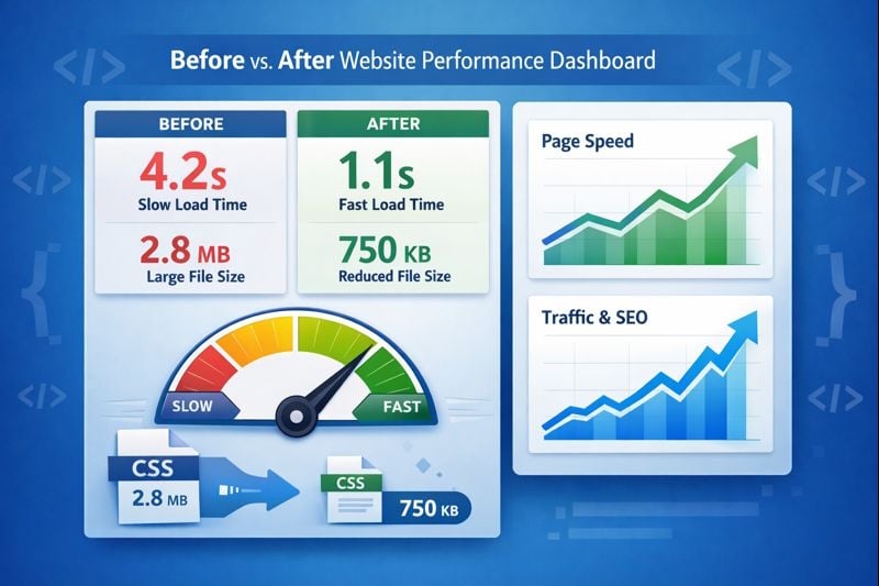 Иллюстрация панели производительности сайта до и после оптимизации CSS с улучшенной скоростью загрузки и графиками