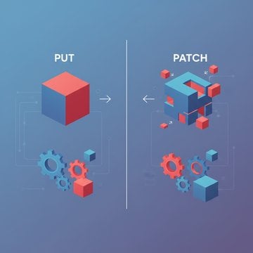 Two resource cubes comparing PUT replacing a full resource on the left and PATCH updating only specific parts of the original resource on the right