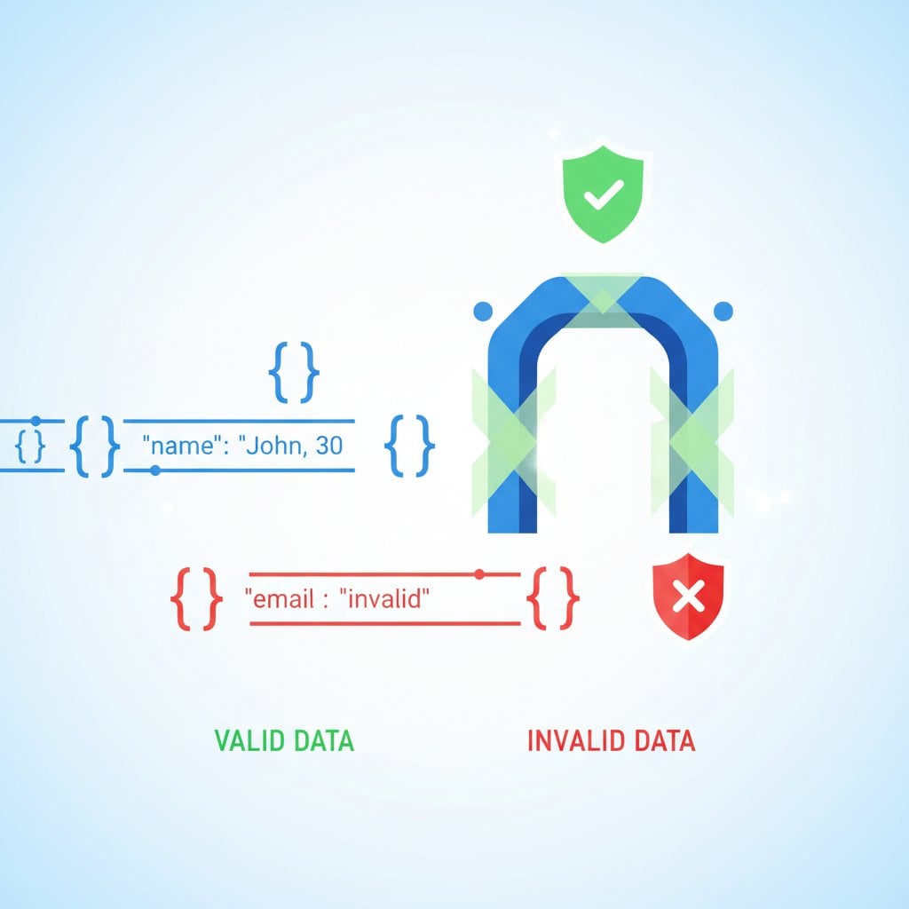 JSON Schema validation process ensuring API data integrity with code structure visualization