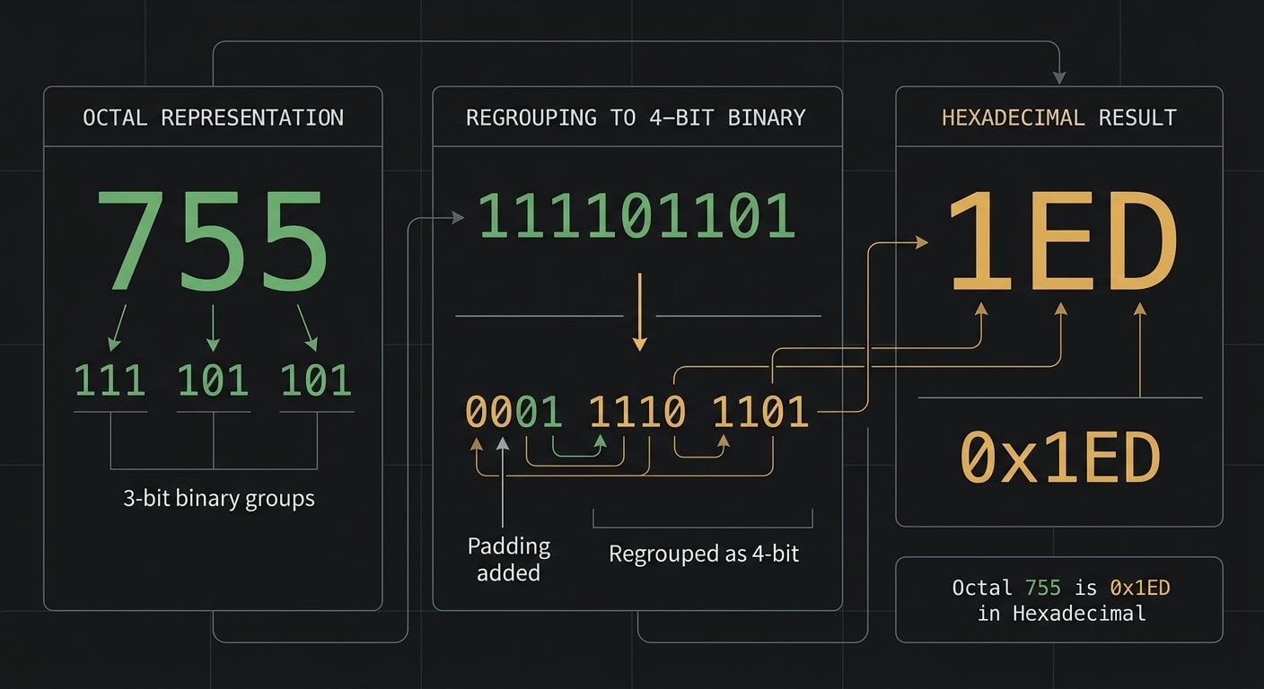 Octal to hex conversion guide showing binary bridge method with code examples and number system chart