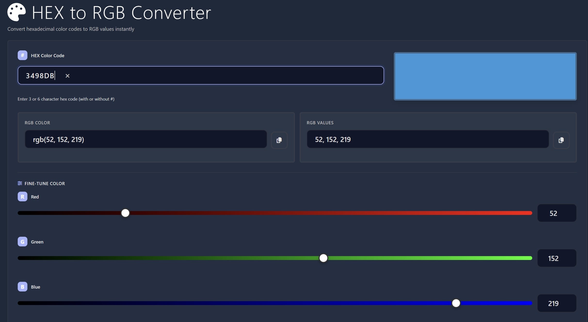HEX to RGB converter tool showing color transformation
