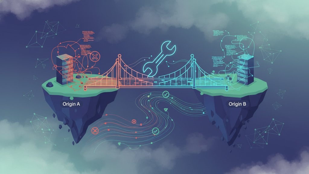 Two floating server islands labeled Origin A and Origin B connected by a bridge with a wrench icon, showing blocked and allowed cross-origin requests, illustrating how CORS controls communication between different web origins