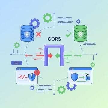Two floating server islands labeled Origin A and Origin B connected by a bridge with a wrench icon, showing blocked and allowed cross-origin requests, illustrating how CORS controls communication between different web origins