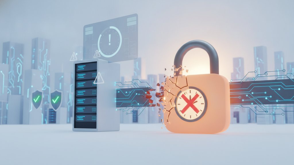 Illustration of a digital lock icon with an expiring timer and warning notification, representing SSL certificate renewal urgency in a modern tech environment.