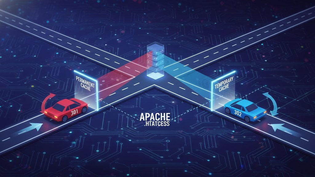 Apache .htaccess file with 301 and 302 redirect rules illustrating permanent and temporary URL redirects