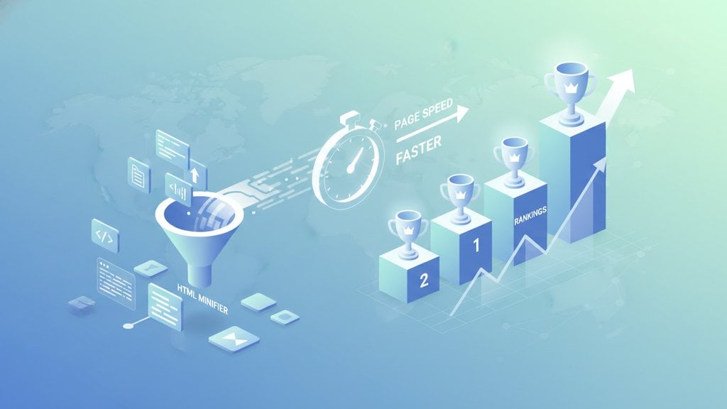 Modern digital workspace showing optimization tools and performance metrics with glowing data visualizations representing page speed improvements and SEO rankings.