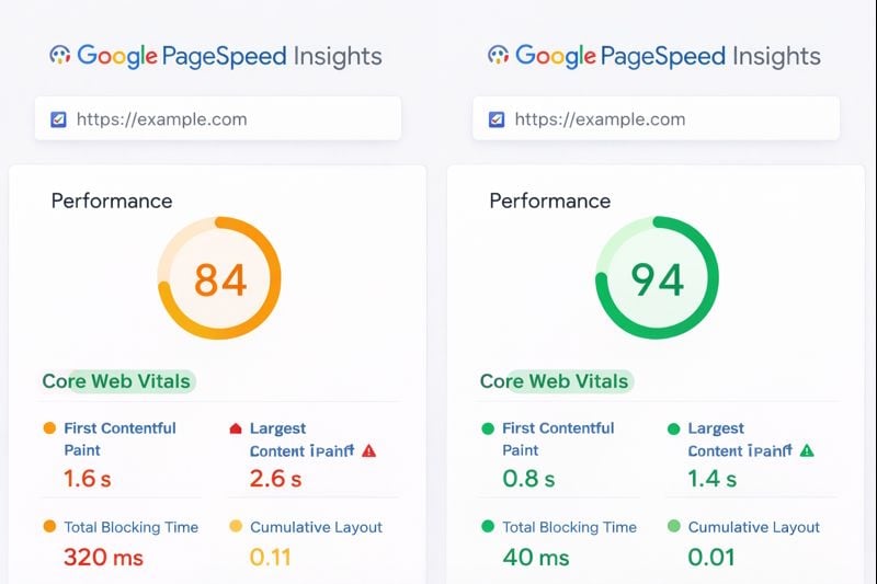 PageSpeed Insights scores before and after CSS minification