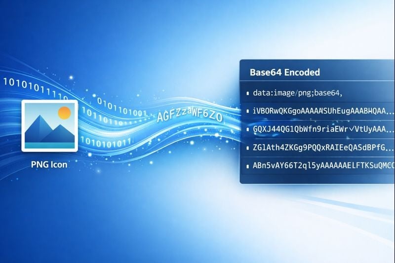 Иллюстрация конвертации PNG иконки в Base64 текст для веб-оптимизации