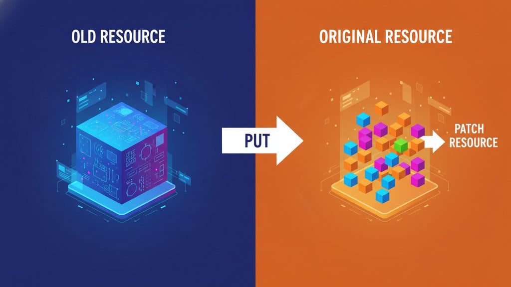 Two resource cubes comparing PUT replacing a full resource on the left and PATCH updating only specific parts of the original resource on the right