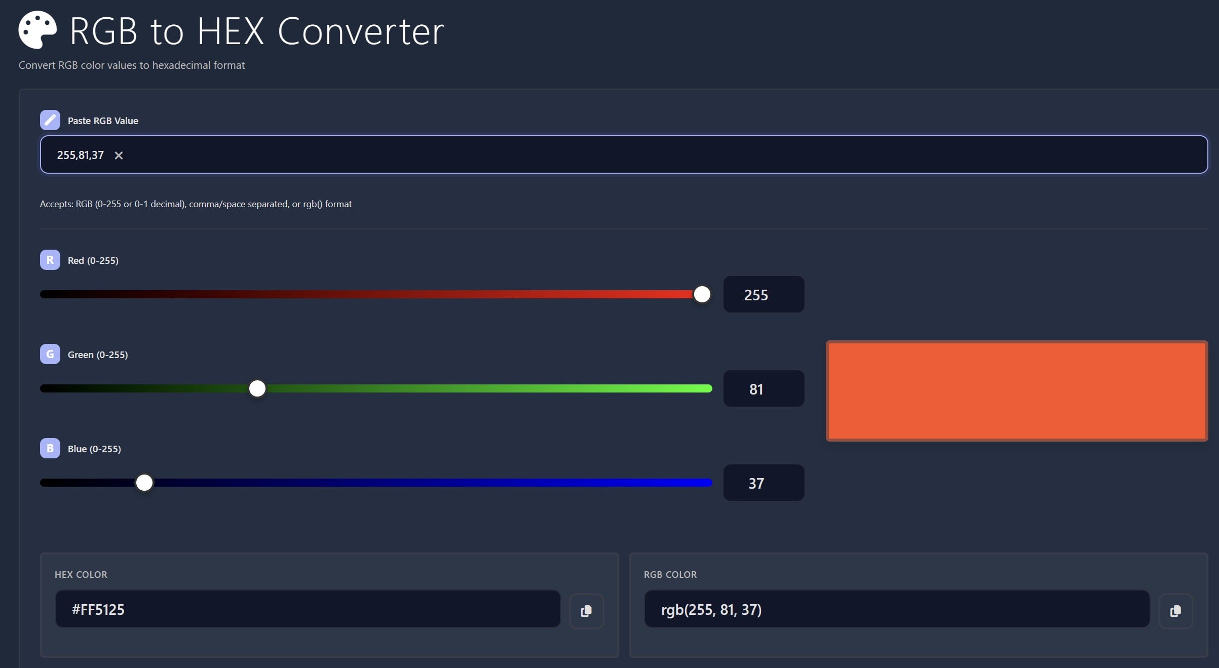 RGB to HEX converter showing reverse color transformation