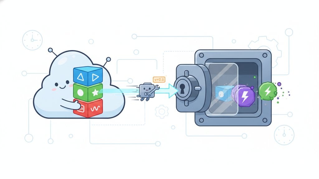 Cute cloud character holding stacked colorful asset blocks sending a versioned file labeled v=2.0 into a browser cache vault, illustrating the concept of cache busting