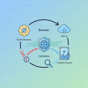 Cute cloud character holding stacked colorful asset blocks sending a versioned file labeled v=2.0 into a browser cache vault, illustrating the concept of cache busting