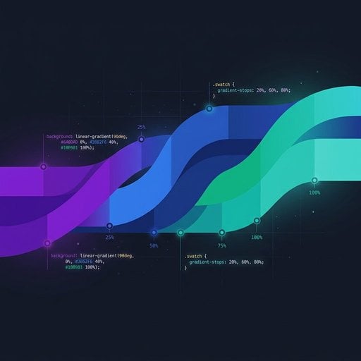 Campioni di gradienti CSS su sfondo scuro con marcatori di colore, che rappresentano gradienti lineari e radiali nel web design