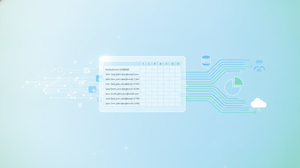 Colorful digital spreadsheet data flowing across a modern workspace with connected nodes and organized CSV file structures representing data management.