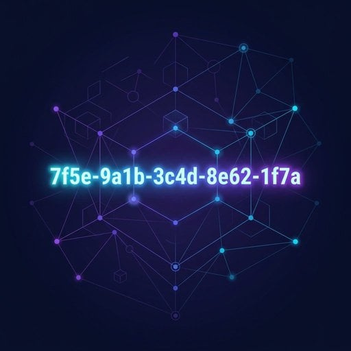 Glowing UUID string with hexadecimal characters floating above connection nodes, representing unique identifiers in distributed systems